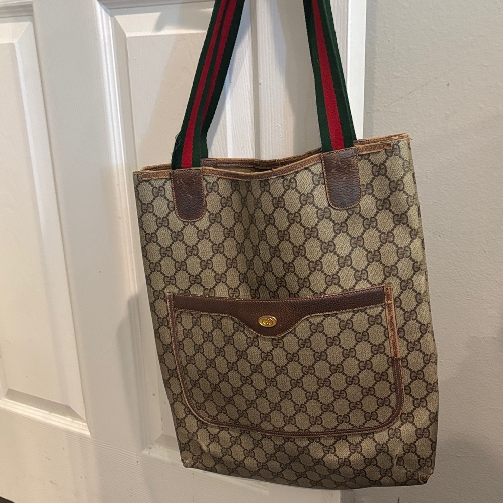 Gucci Beige Monogram Tote with Green and Red Straps